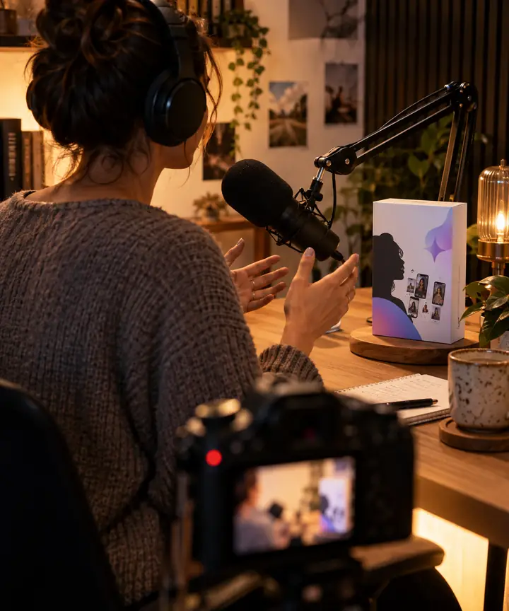 AI actor recording a podcast