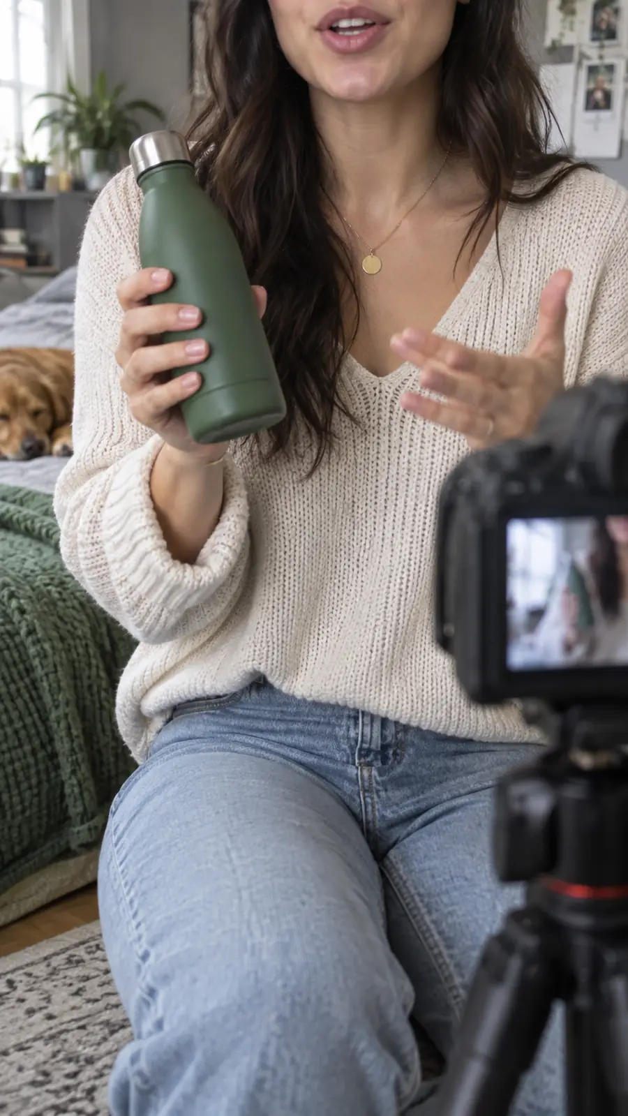 AI actor speaking directly to camera in a creator-style setup